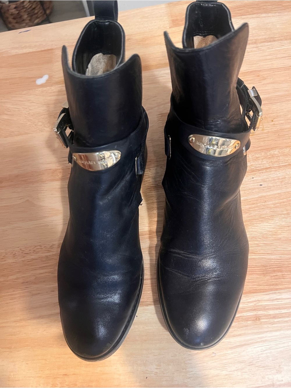 Michael Kors Black Leather Ankle Booties with Gold Plaque